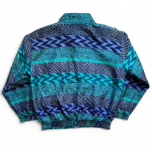Vintage 80s 90s Silk Tribal Geometric Teal Green Blue Windbreaker Jacket African - Picture 2 of 8